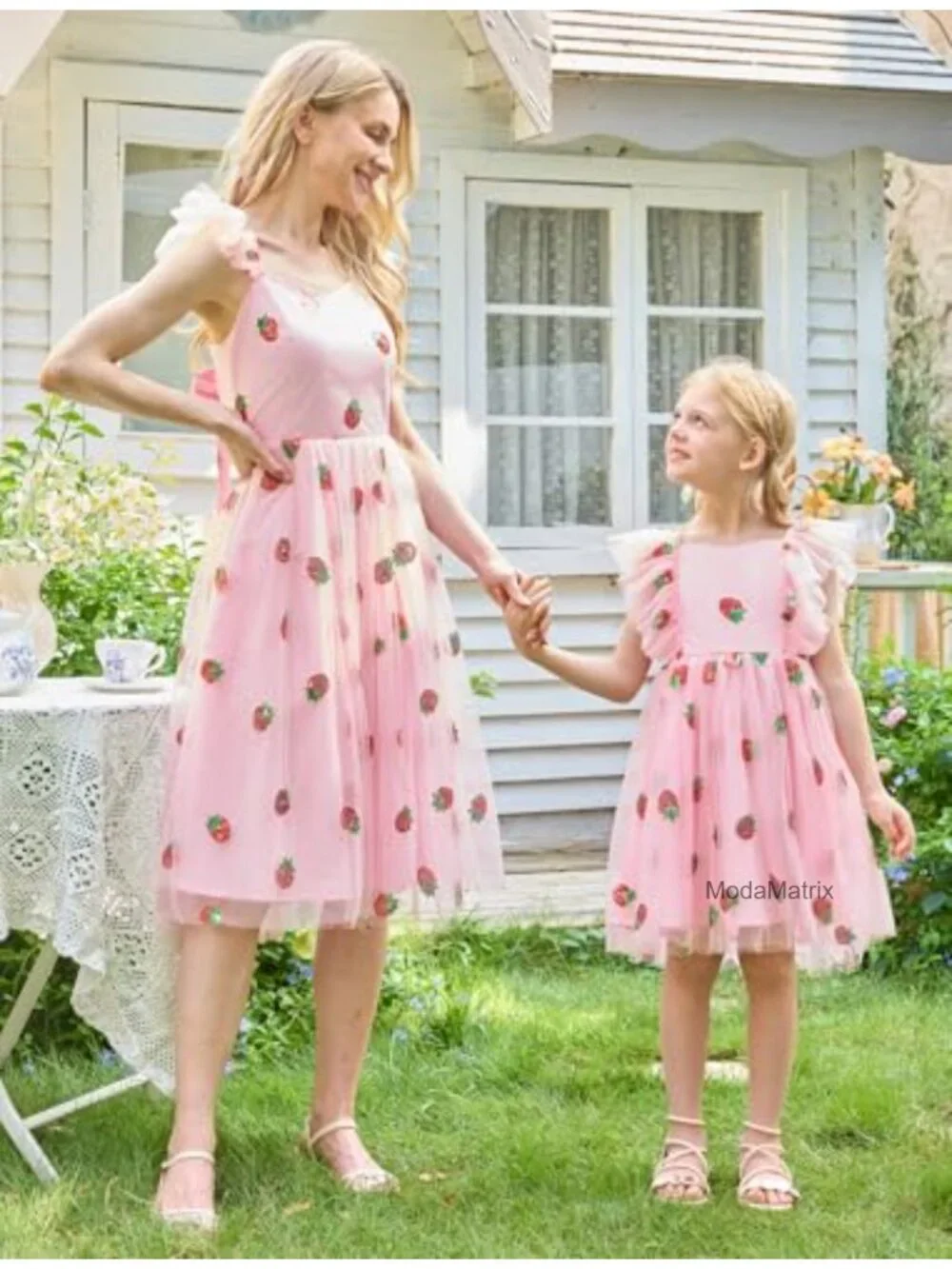 Girls Strawberry Sequined Tulle A-Line Dress Flutter Sleeve Bow Back